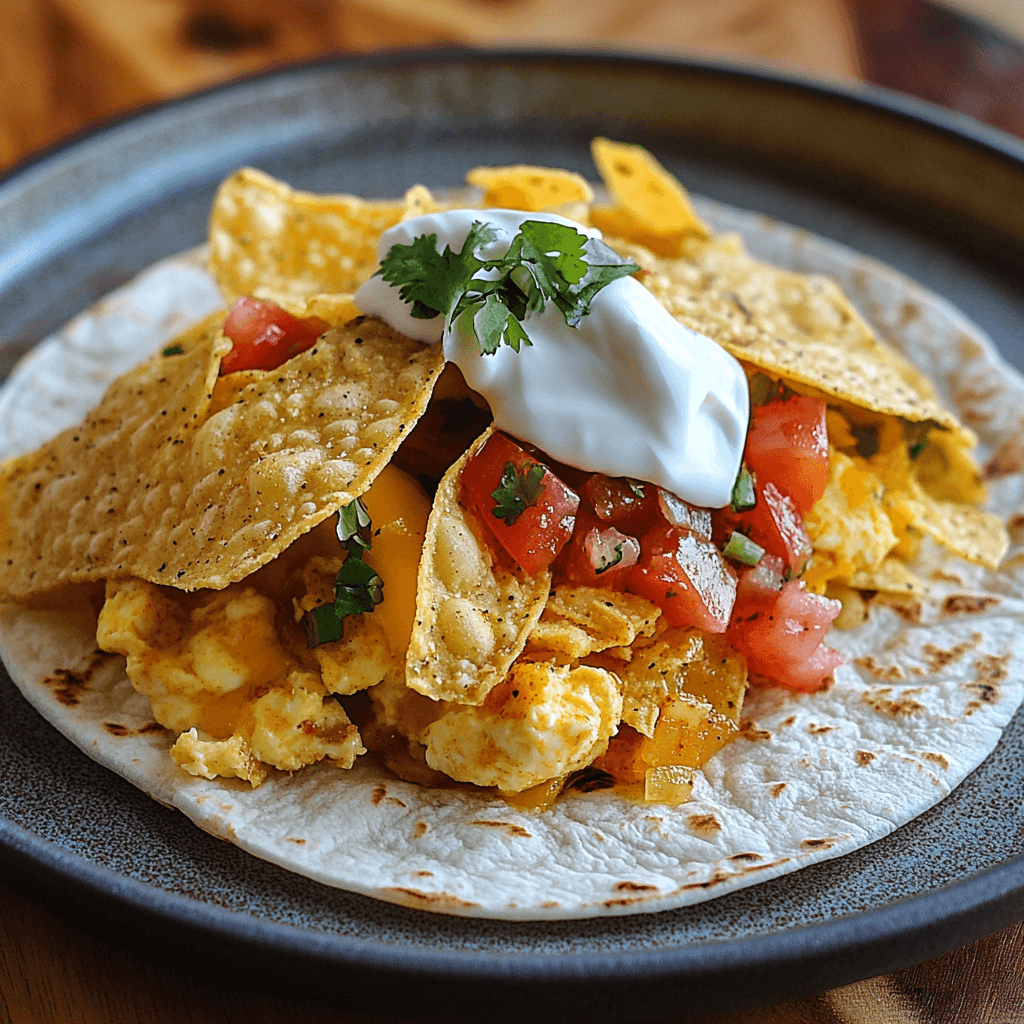 A Tex-Mex breakfast taco with crispy bacon, scrambled eggs, melted cheddar cheese, and a dollop of sour cream, served on a flour tortilla