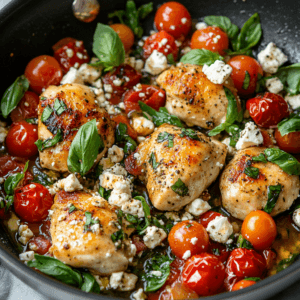 A vibrant one-pan Mediterranean chicken dish with feta, tomatoes, and fresh basil.