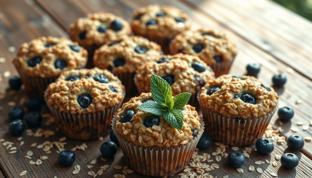 Freshly baked blueberry oat muffins