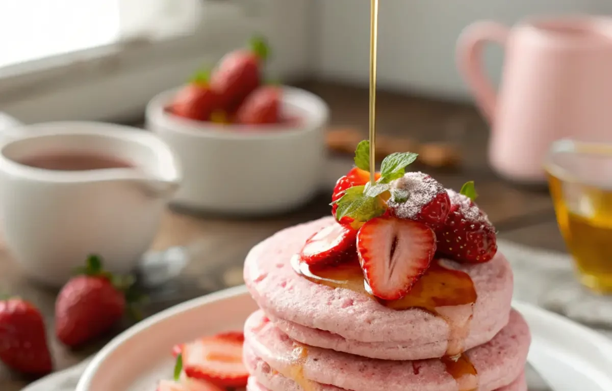 Fluffy pink pancakes with strawberries and honey