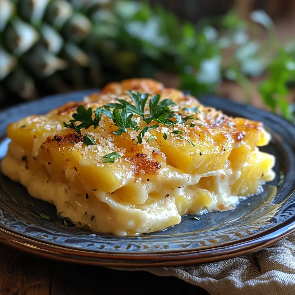 A single portion of pineapple cheese casserole served on a white plate, garnished with a sprinkle of fresh herbs. The casserole without any side dishes is shown front-and-center, highlighting the rich color contrast between the bright pineapple and the golden brown cracker layer. Perfect for showcasing the final dish at your next family gathering.